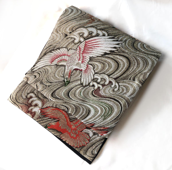 Vintage Nagoya obi - golden brocade with eagles over water pattern
