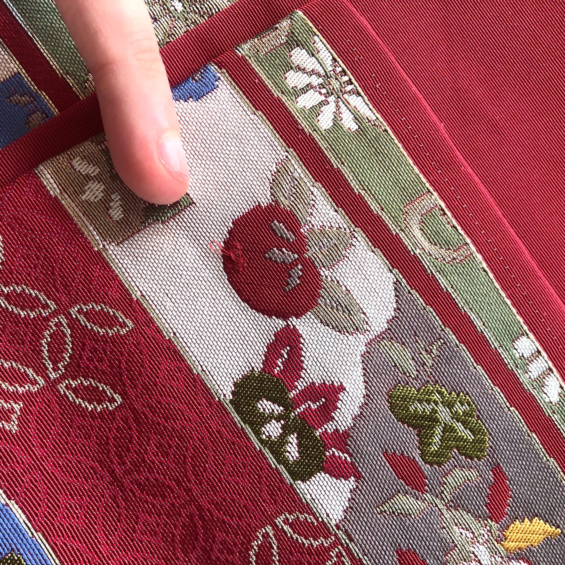 Vintage Nagoya obi - wine red jacquard with various foliage patterns (B grade)