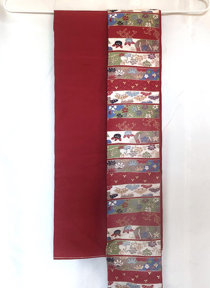 Vintage Nagoya obi - wine red jacquard with various foliage patterns (B grade)