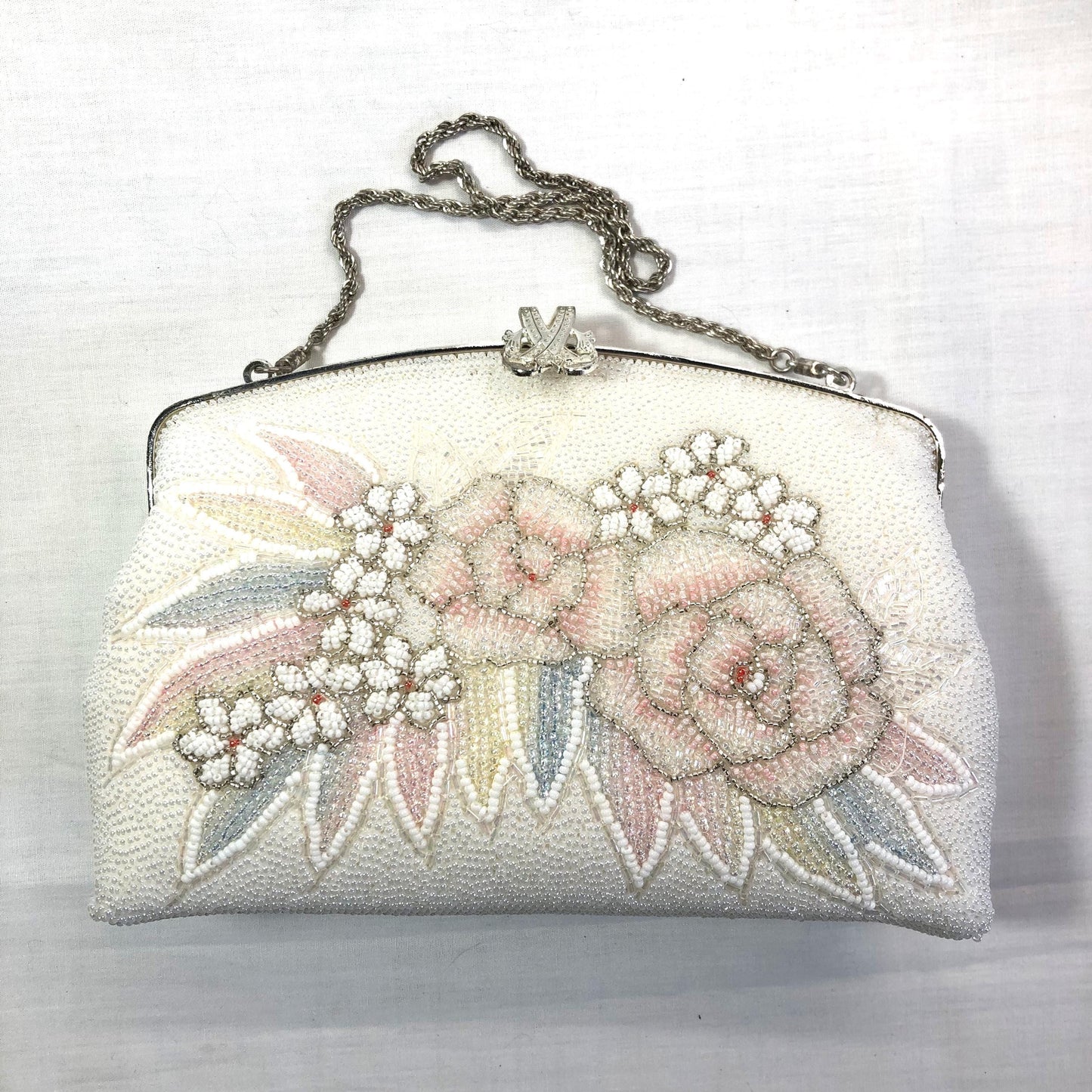 Vintage kimono handbag - two-way beaded white with pastel flowers