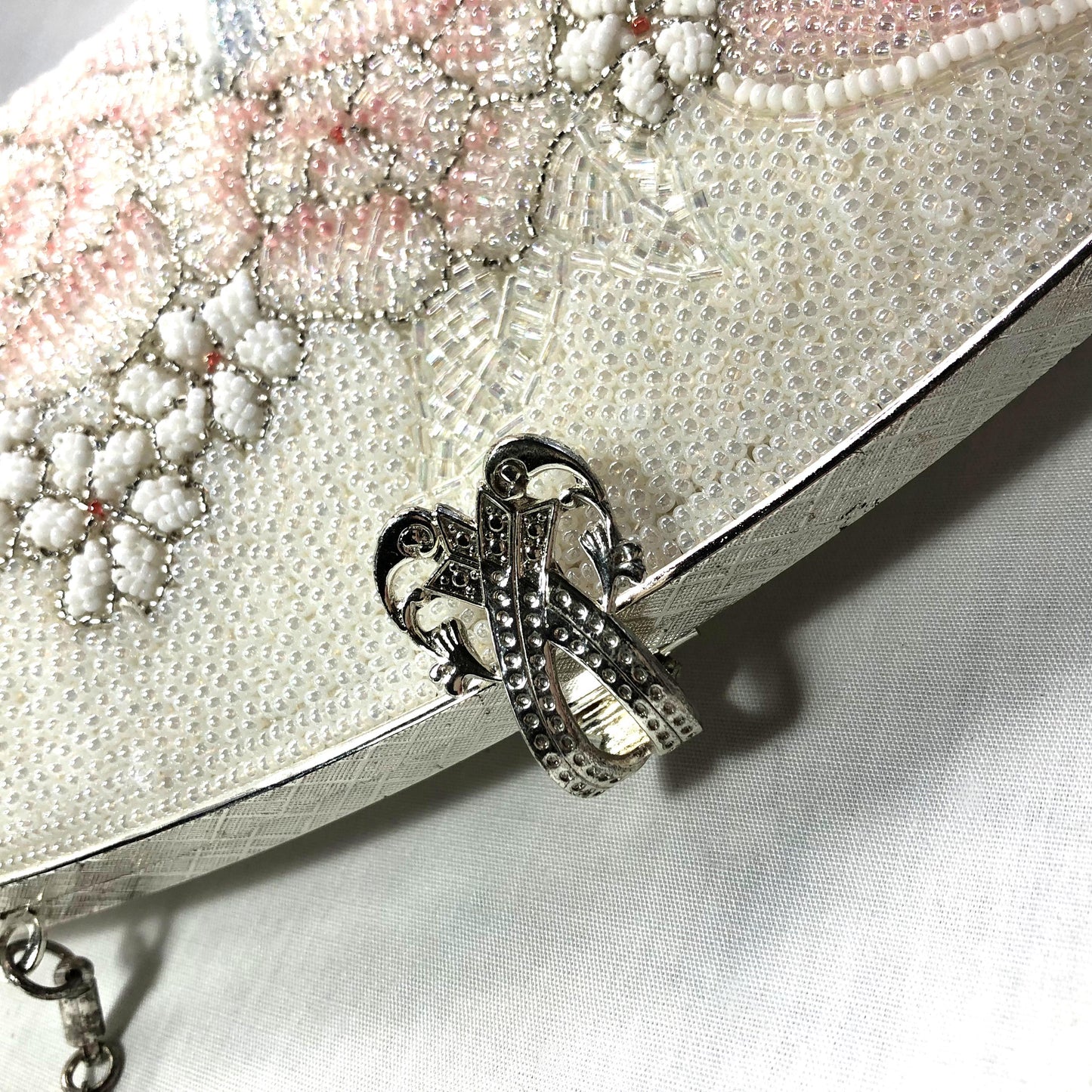 Vintage kimono handbag - two-way beaded white with pastel flowers
