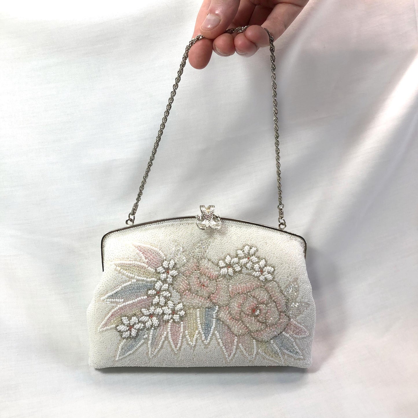 Vintage kimono handbag - two-way beaded white with pastel flowers