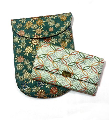 Miniature Japanese pouches - green brocade - set of 2