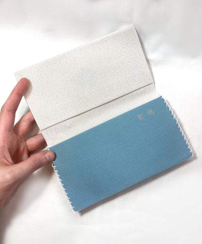Vintage Japanese slim wallet /kaishi ire - light blue and silver with a matching food pick