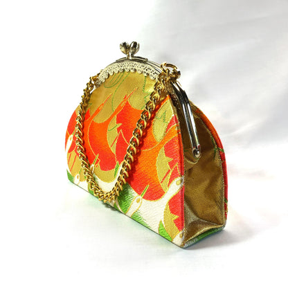 Set of kimono accessories and a bag for children - orange, green, and golden cranes pattern