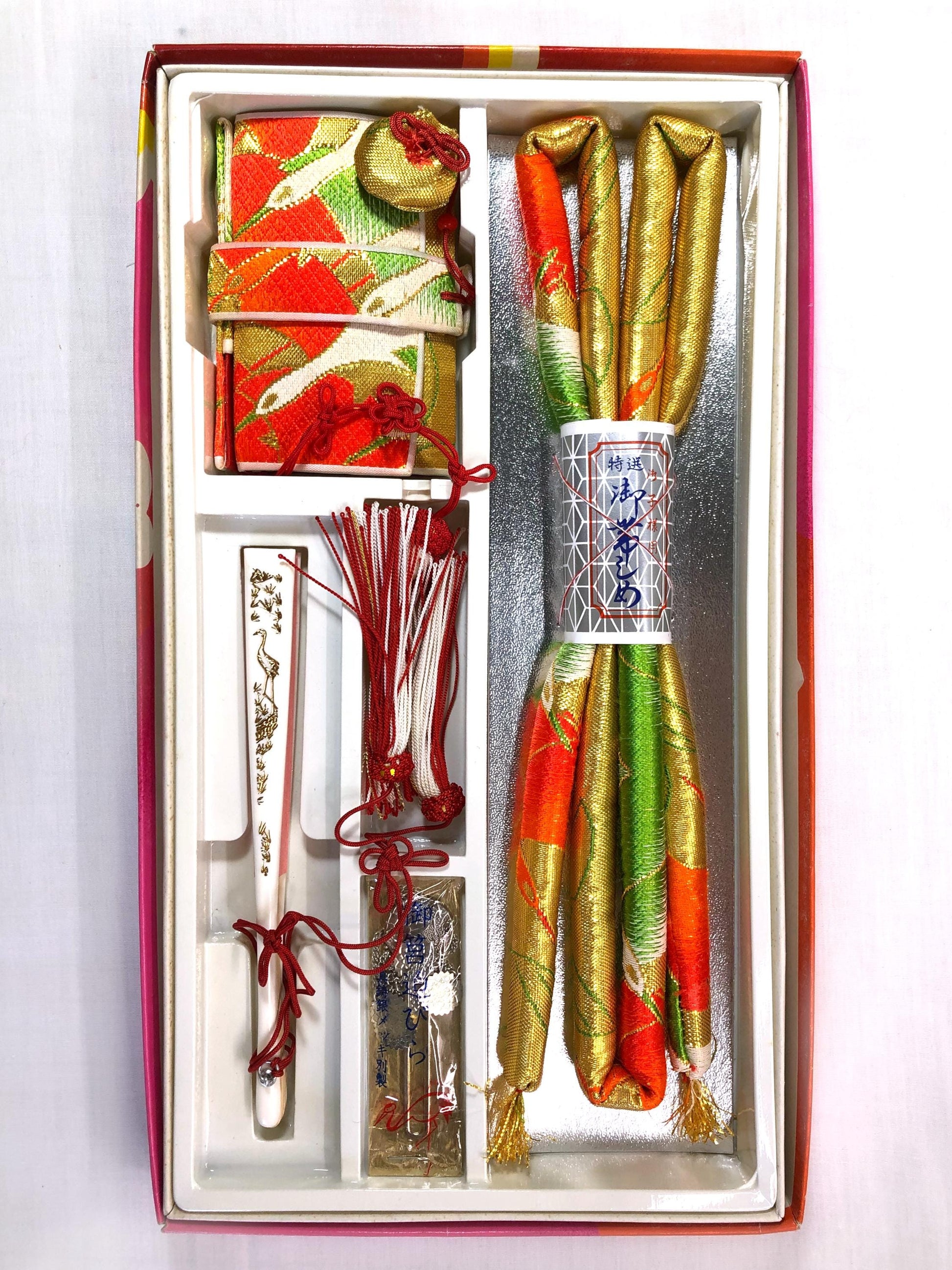 Set of kimono accessories and a bag for children - orange, green, and golden cranes pattern