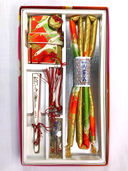 Set of kimono accessories and a bag for children - orange, green, and golden cranes pattern