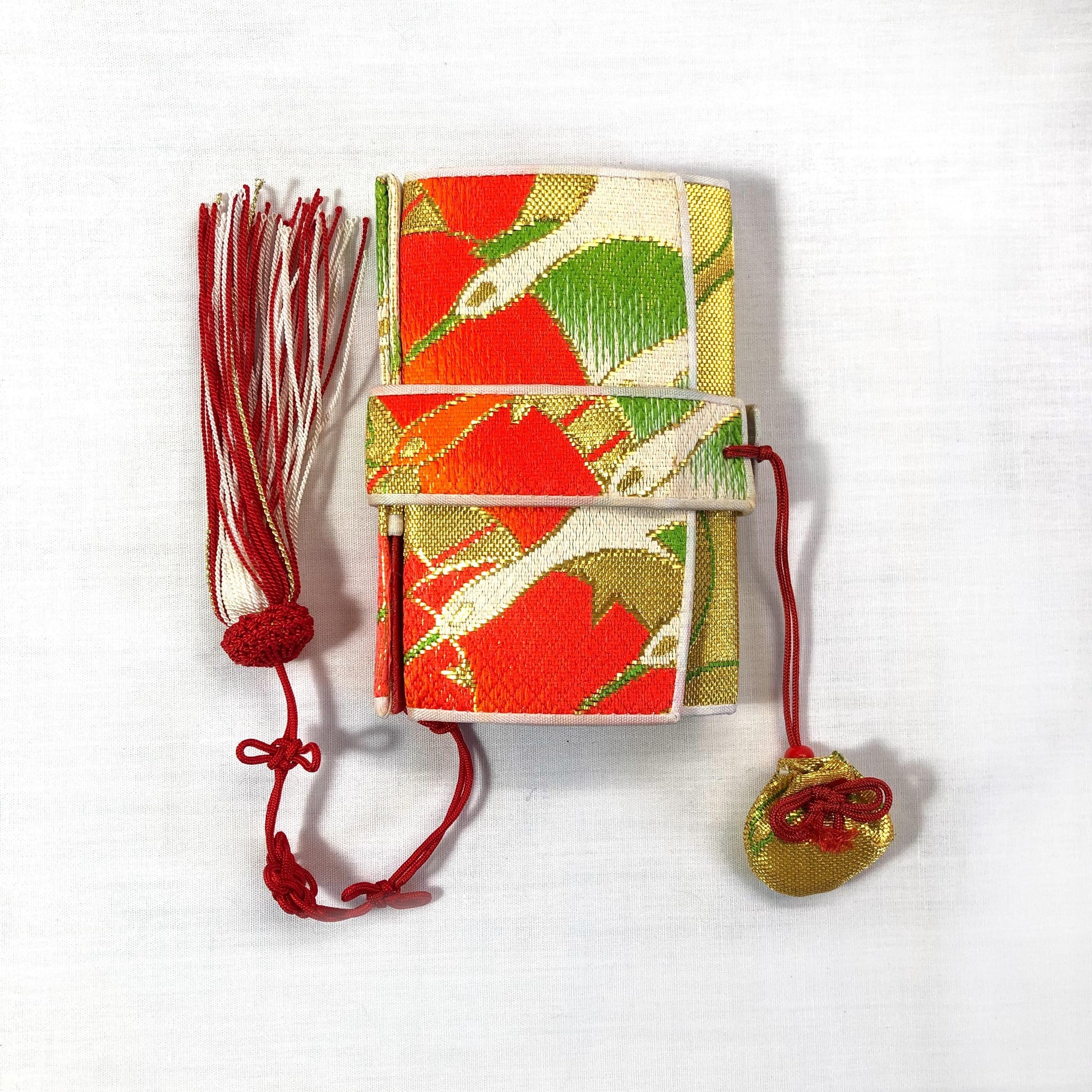 Set of kimono accessories and a bag for children - orange, green, and golden cranes pattern