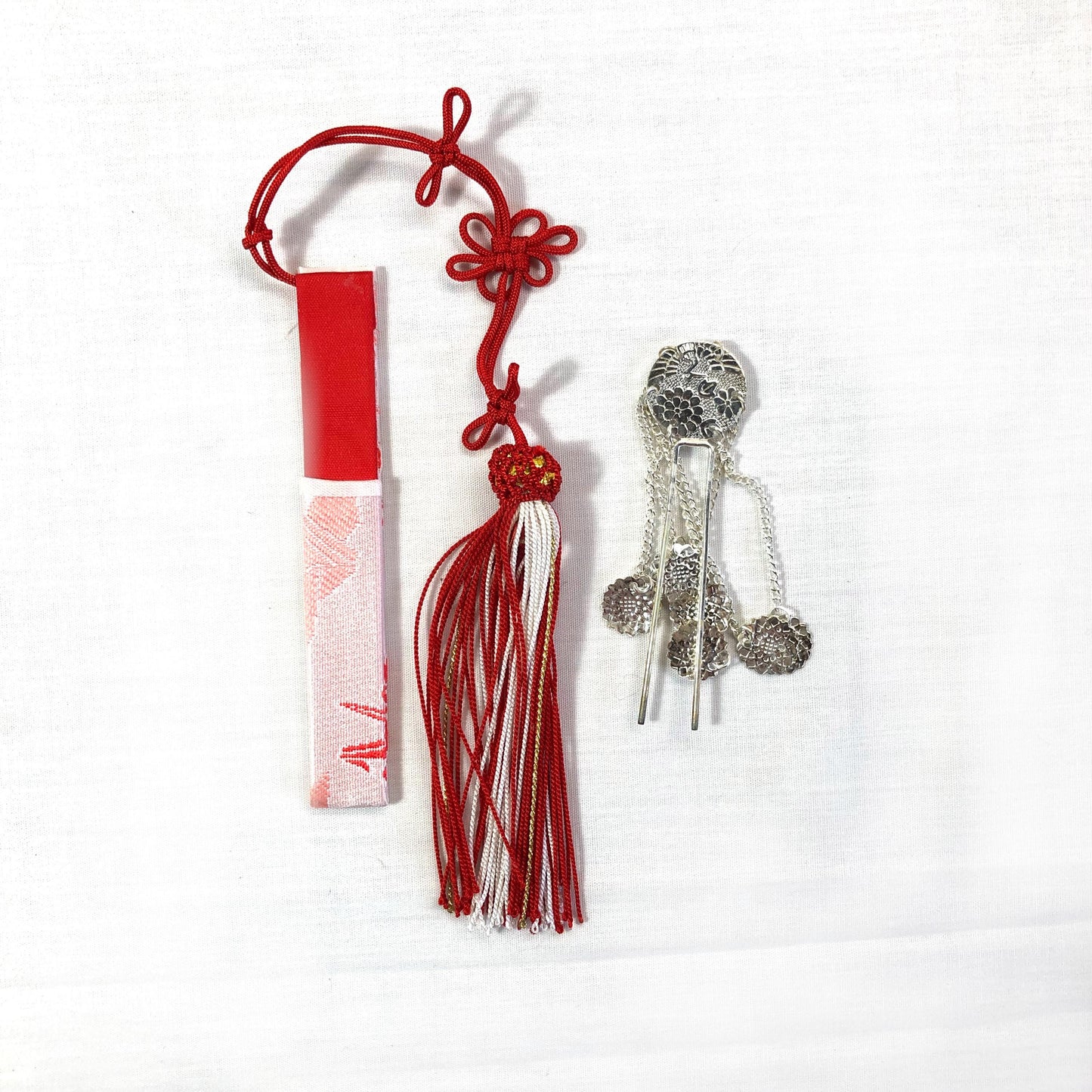 Set of kimono accessories for children - pink and red origami cranes pattern