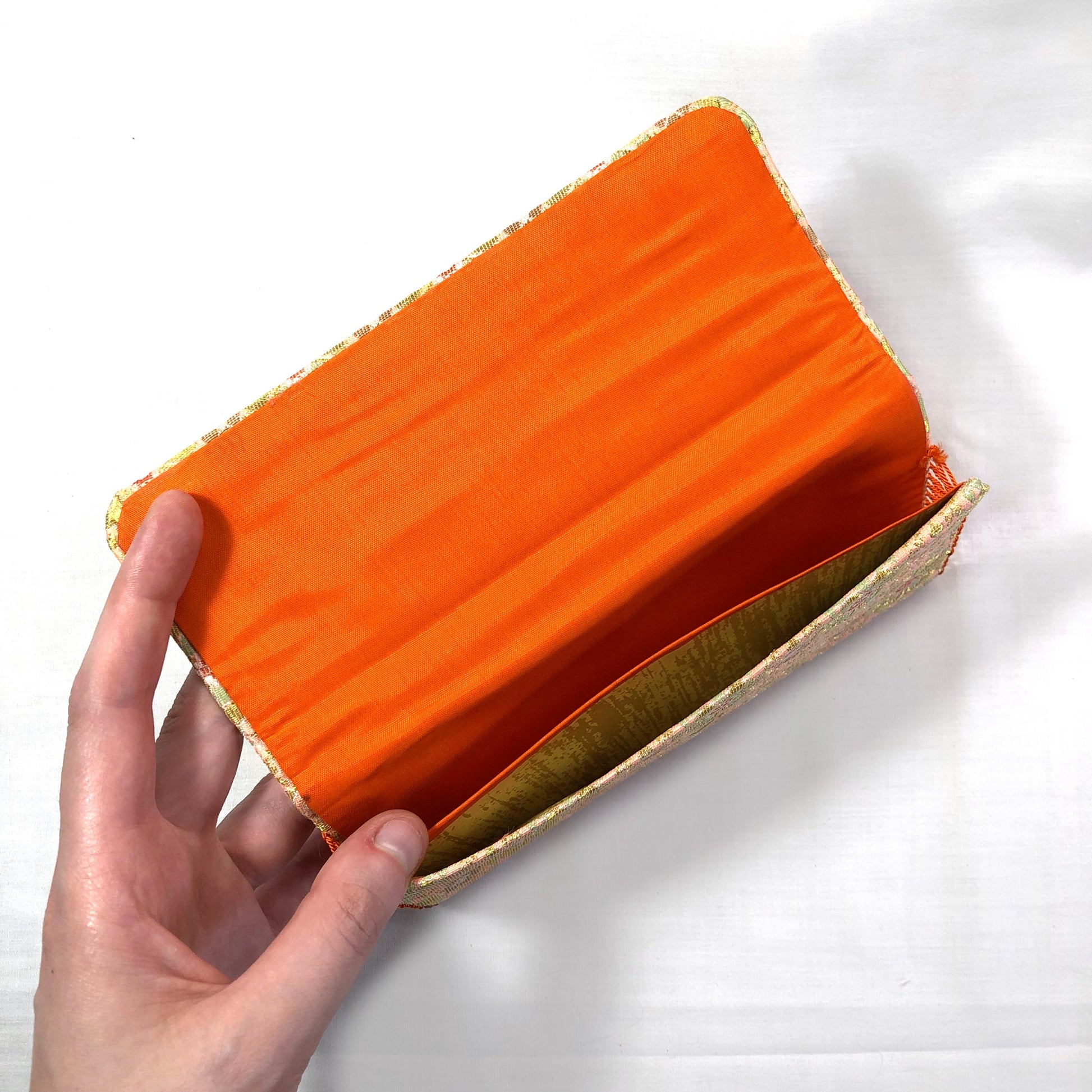 Vintage Japanese slim wallet /kaishi ire - salmon pink with golden and mint flowers