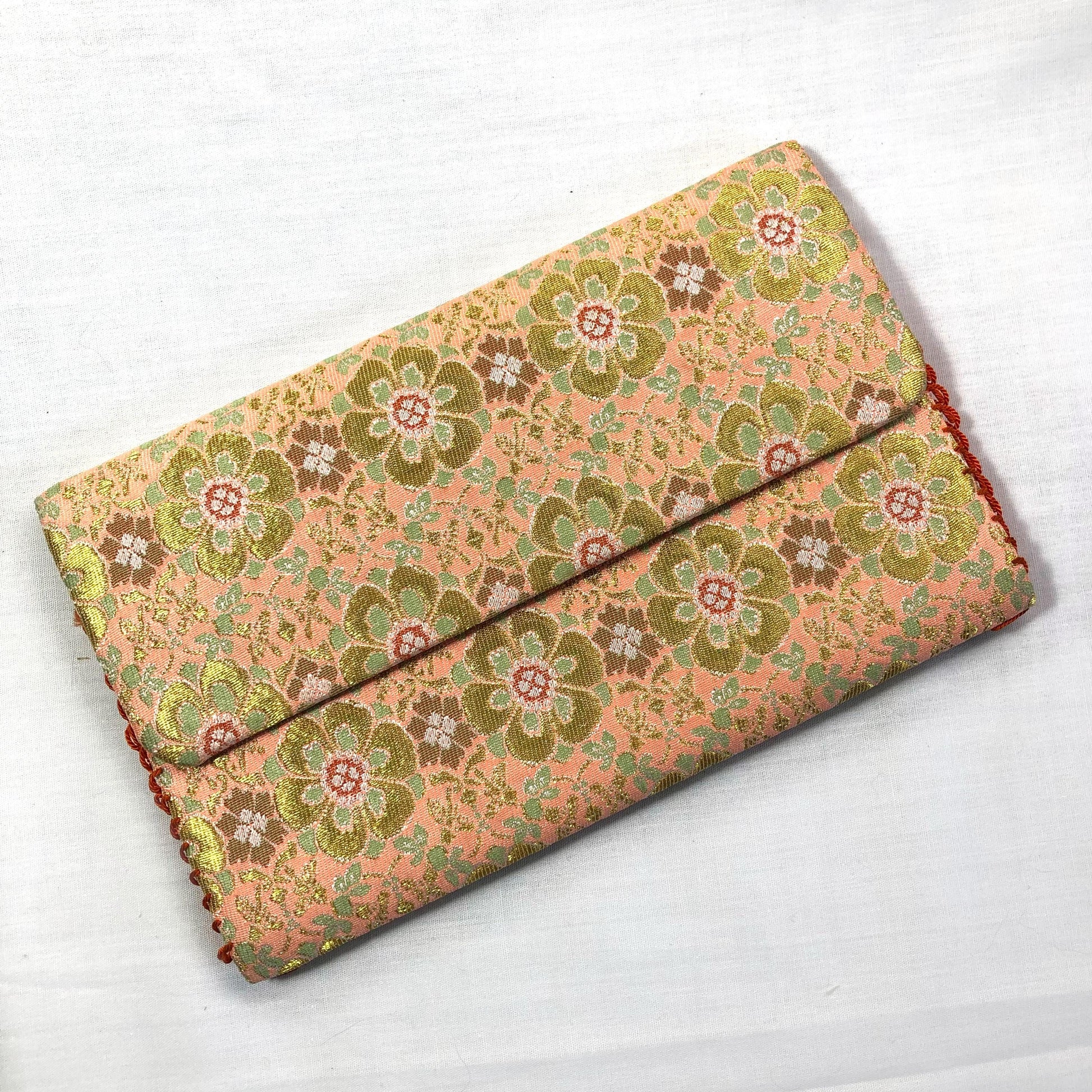 Vintage Japanese slim wallet /kaishi ire - salmon pink with golden and mint flowers