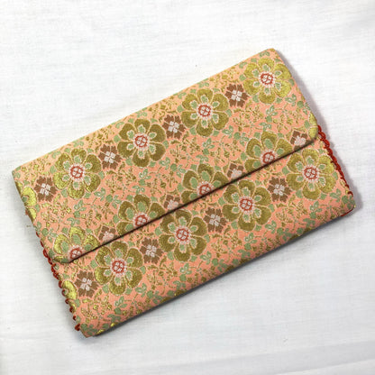 Vintage Japanese slim wallet /kaishi ire - salmon pink with golden and mint flowers