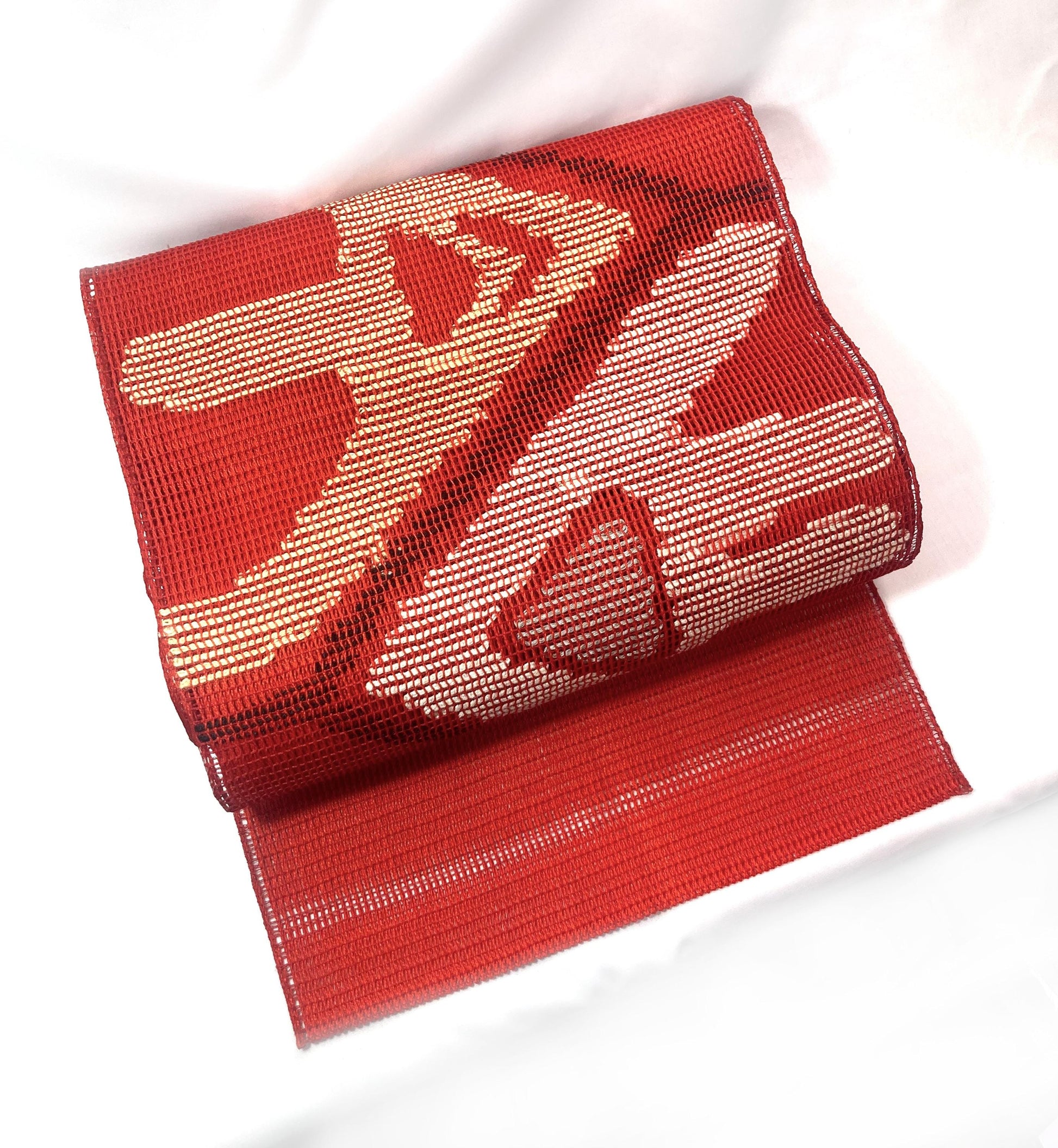 Japanese summer obi - vivid red wide mesh with abstract pattern