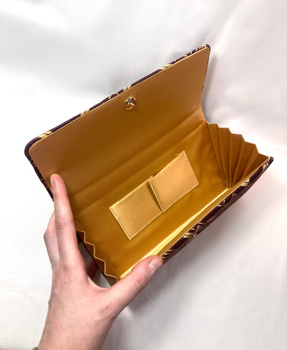 Vintage kimono clutch handbag - deep purple with hand fan pattern