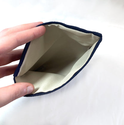 Small Japanese soft pouch / rosary bead cover - dark blue with an image of Jizo Bosatsu