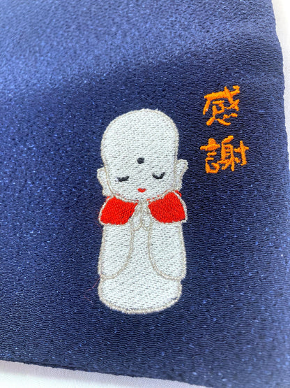 Small Japanese soft pouch / rosary bead cover - dark blue with an image of Jizo Bosatsu