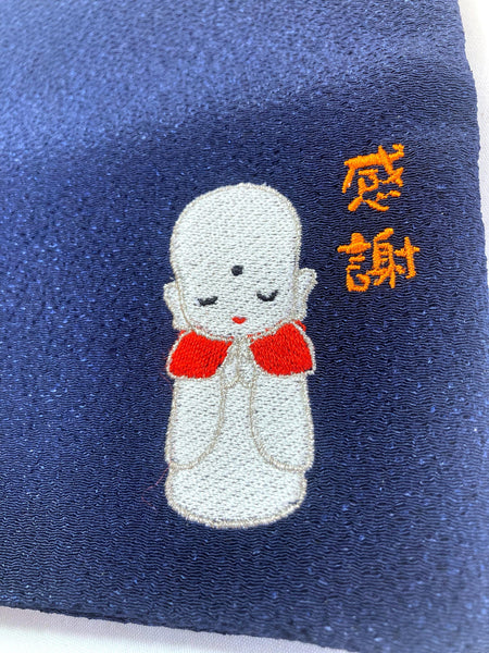 Small Japanese soft pouch / rosary bead cover - dark blue with an image of Jizo Bosatsu