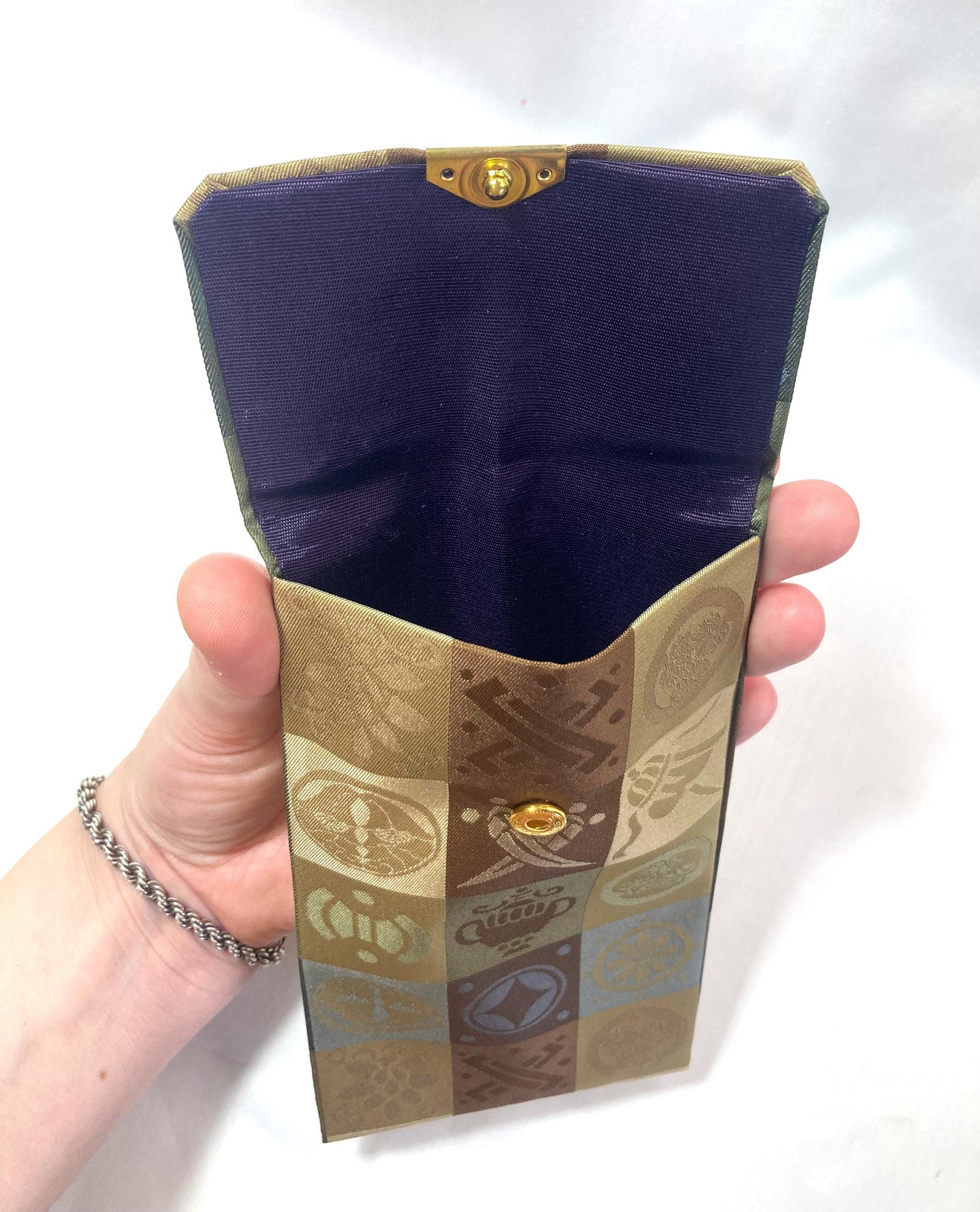 Small Japanese pouch / rosary bead cover - bronze and golden jacquard kamon pattern