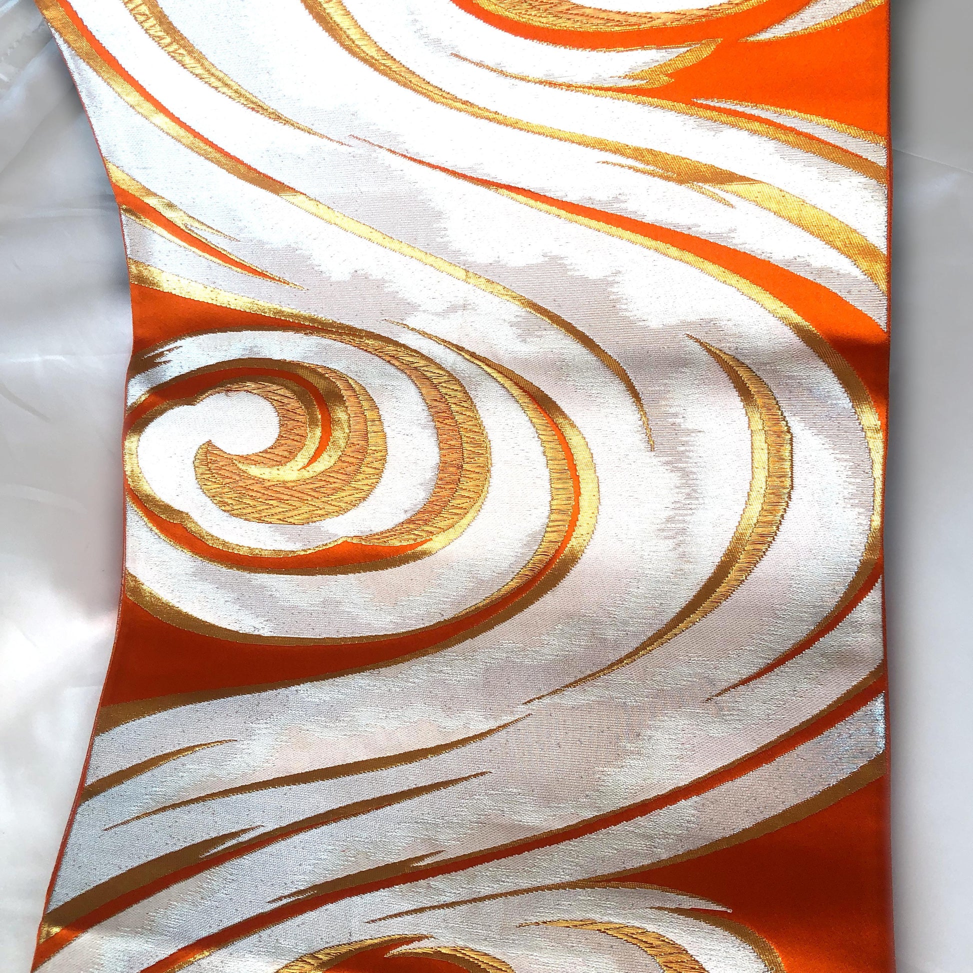 Fukuro obi - vivid orange with silver water swirls pattern