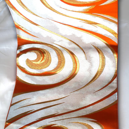 Fukuro obi - vivid orange with silver water swirls pattern