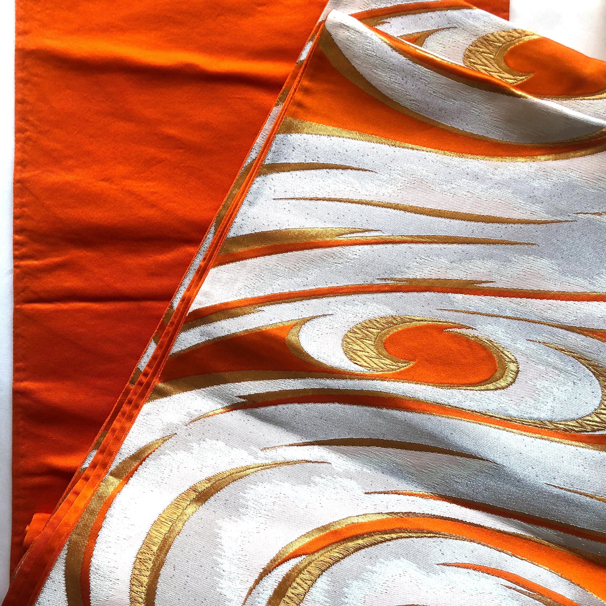 Fukuro obi - vivid orange with silver water swirls pattern