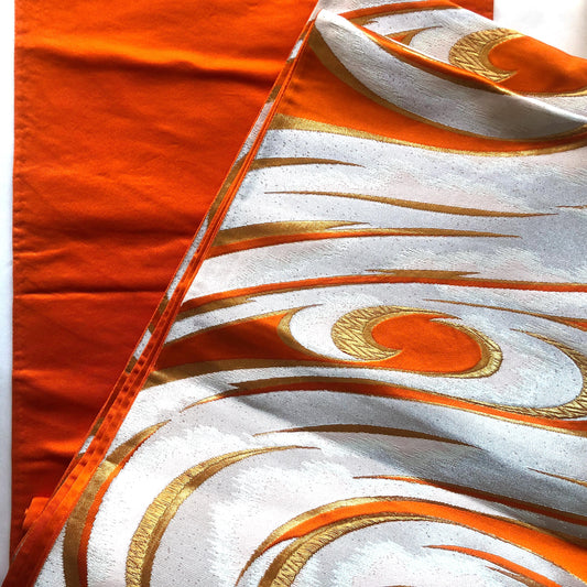 Fukuro obi - vivid orange with silver water swirls pattern