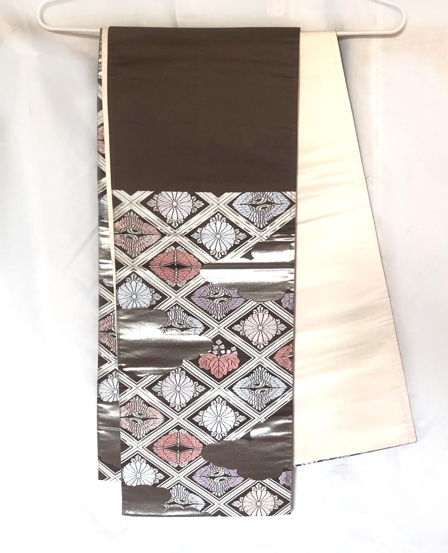 Fukuro obi - dusty pastel and silver family crests pattern