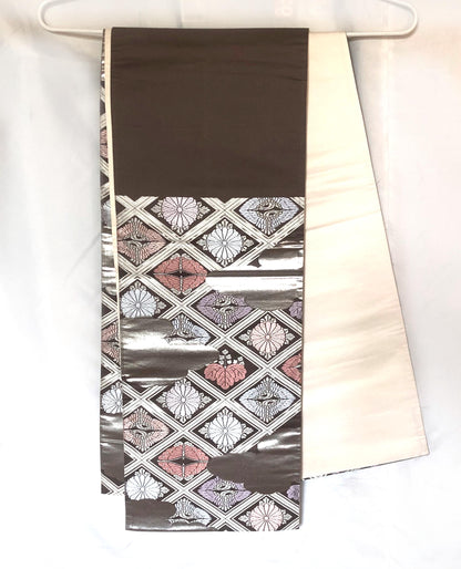 Fukuro obi - dusty pastel and silver family crests pattern