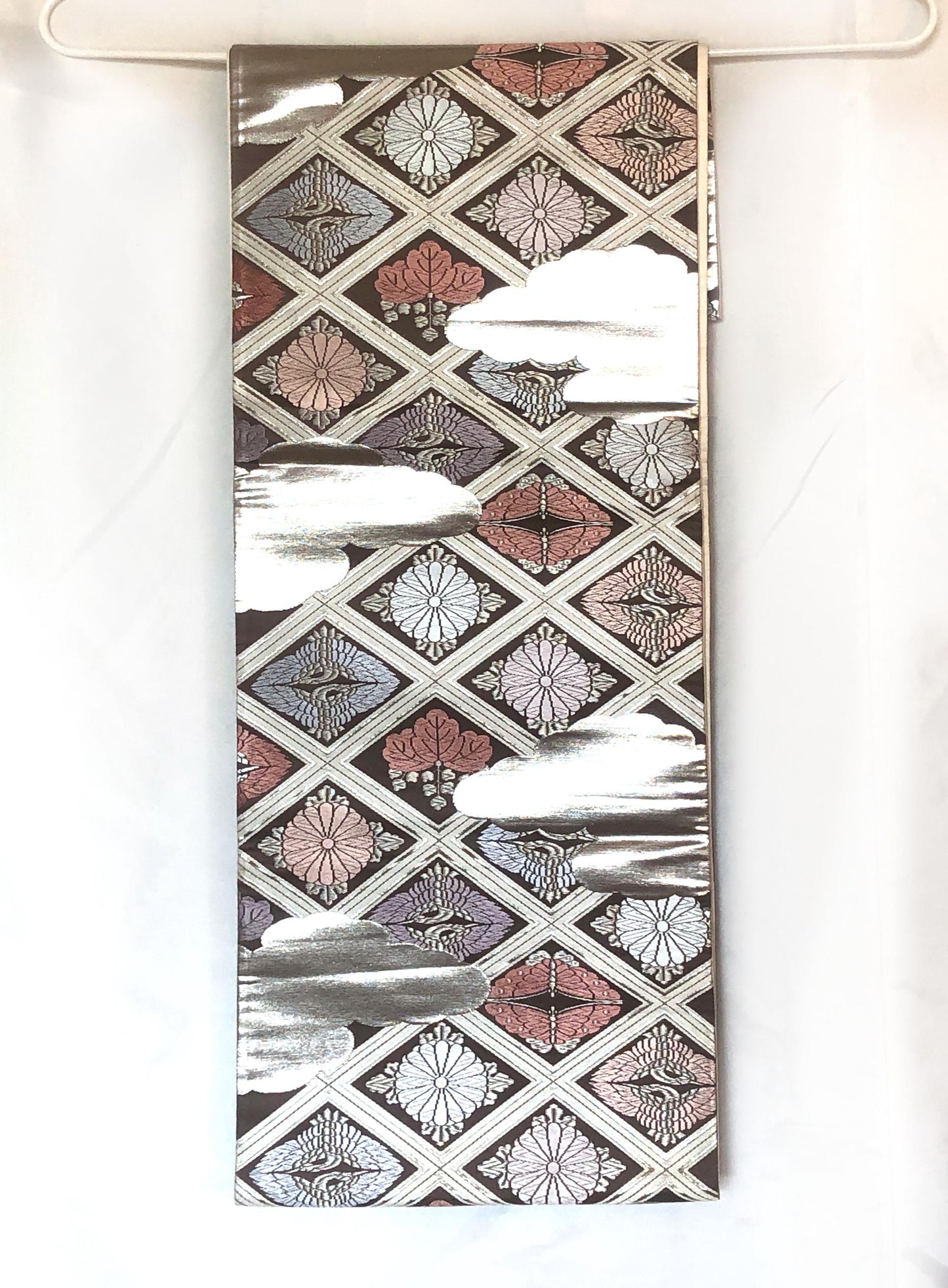 Fukuro obi - dusty pastel and silver family crests pattern