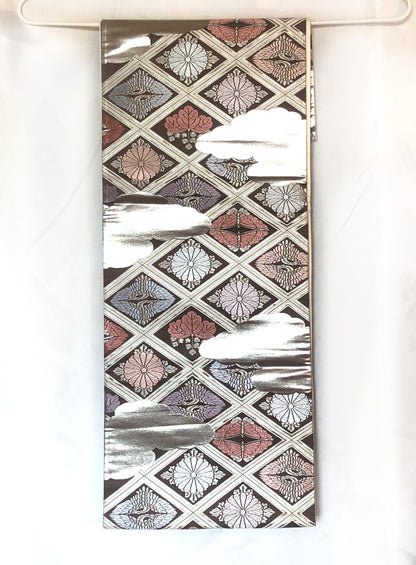 Fukuro obi - dusty pastel and silver family crests pattern