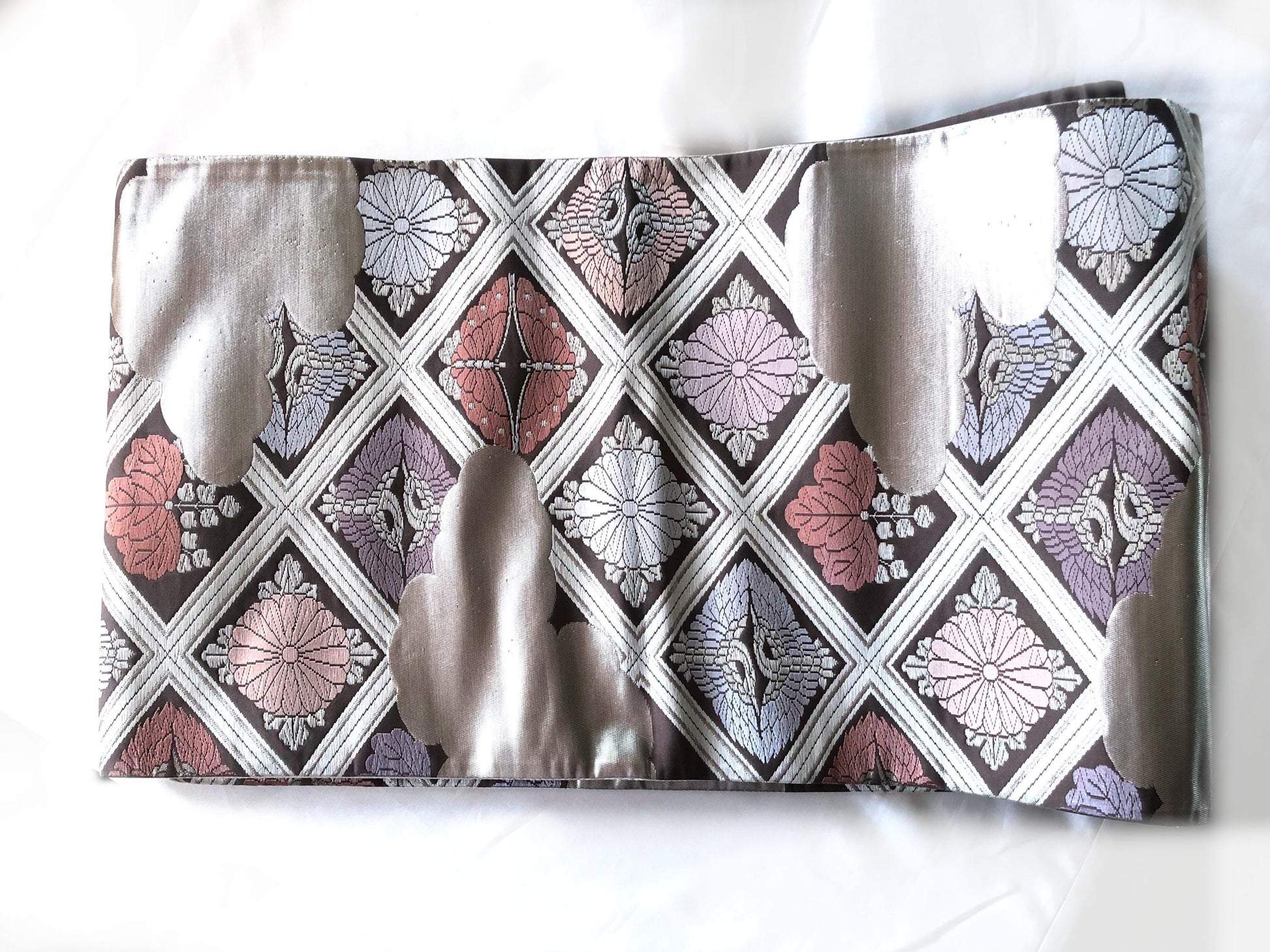 Fukuro obi - dusty pastel and silver family crests pattern