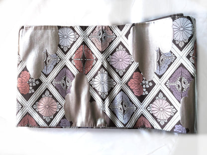Fukuro obi - dusty pastel and silver family crests pattern