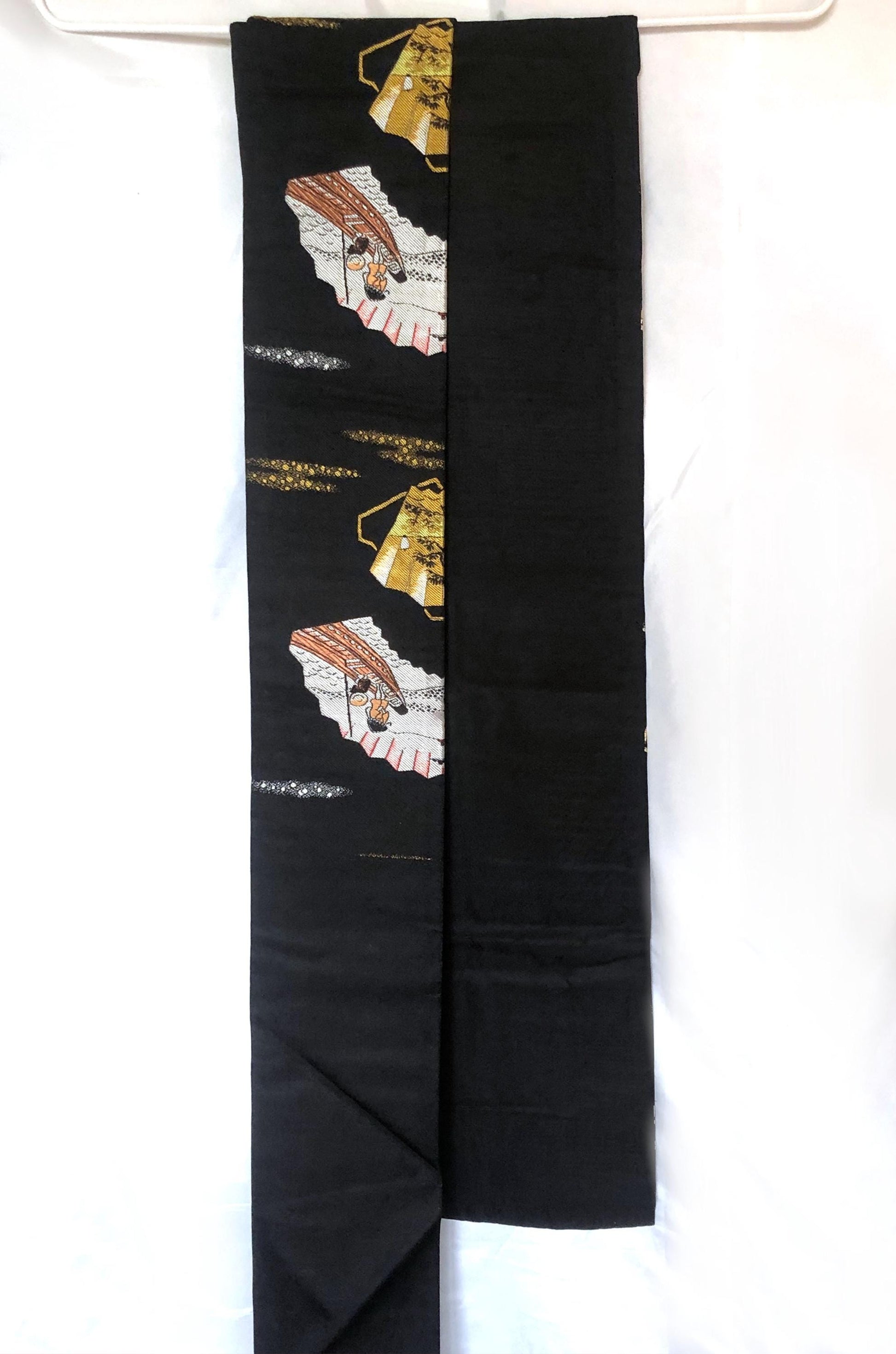 Vintage Nagoya obi - foldable fans with boats and Mt.Fuji pattern