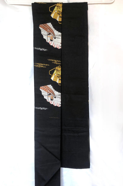 Vintage Nagoya obi - foldable fans with boats and Mt.Fuji pattern