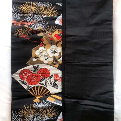 Vintage Nagoya obi - paper fans with floral pattern