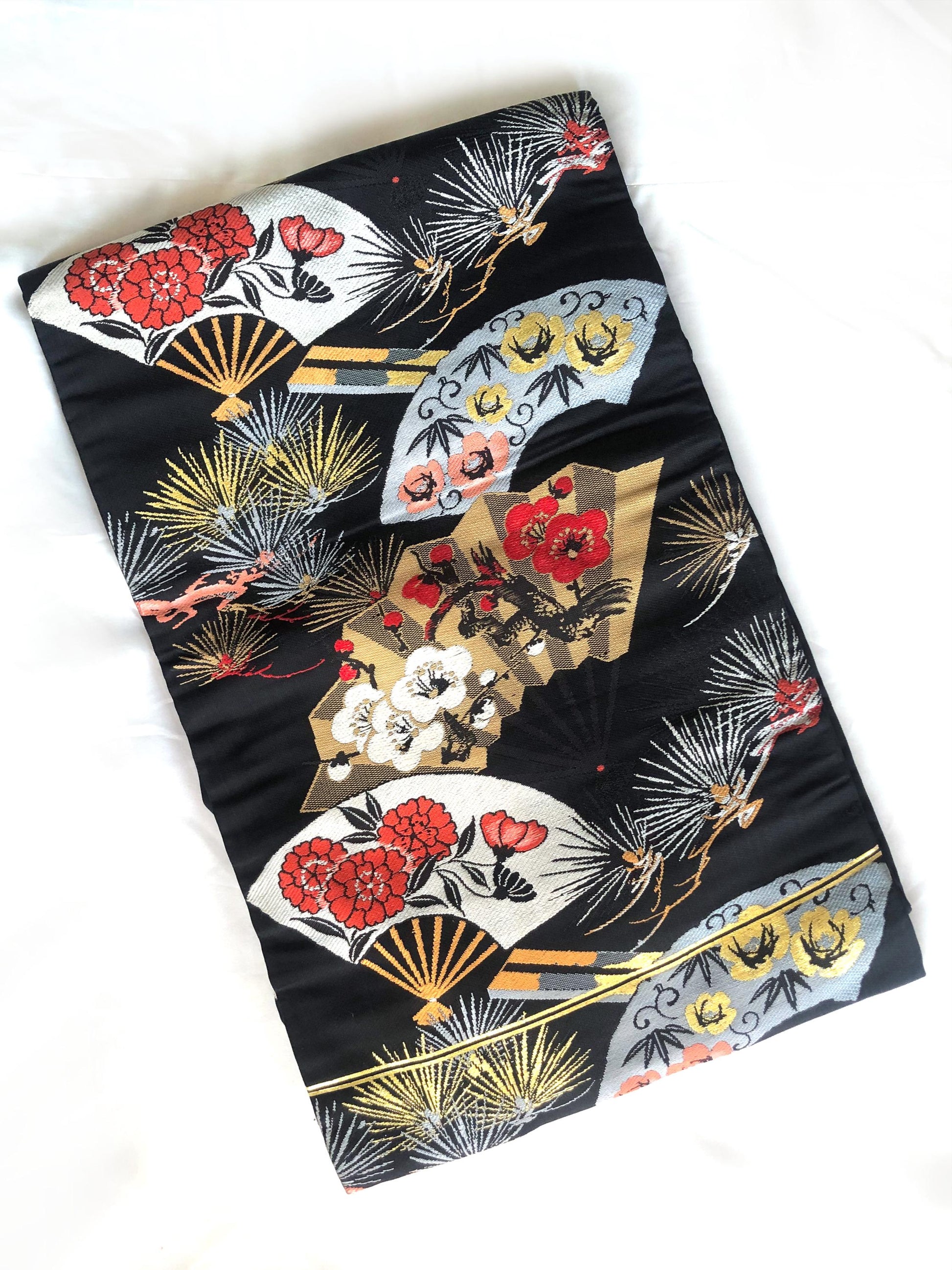 Vintage Nagoya obi - paper fans with floral pattern