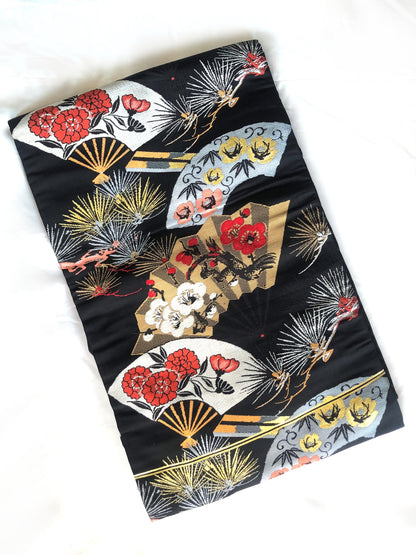 Vintage Nagoya obi - paper fans with floral pattern