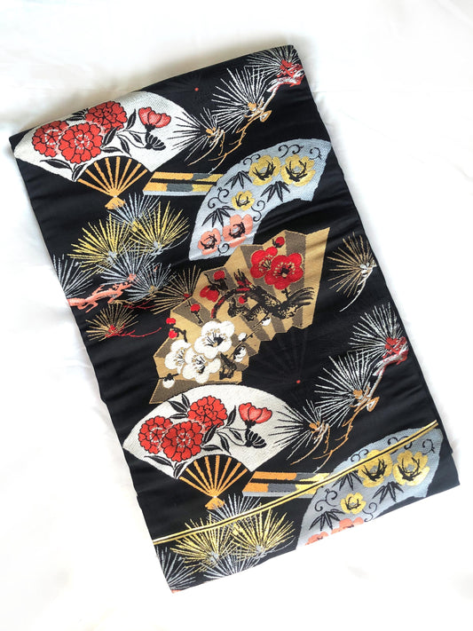 Vintage Nagoya obi - paper fans with floral pattern