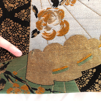 Vintage Nagoya obi - paper fans with floral pattern (B grade)