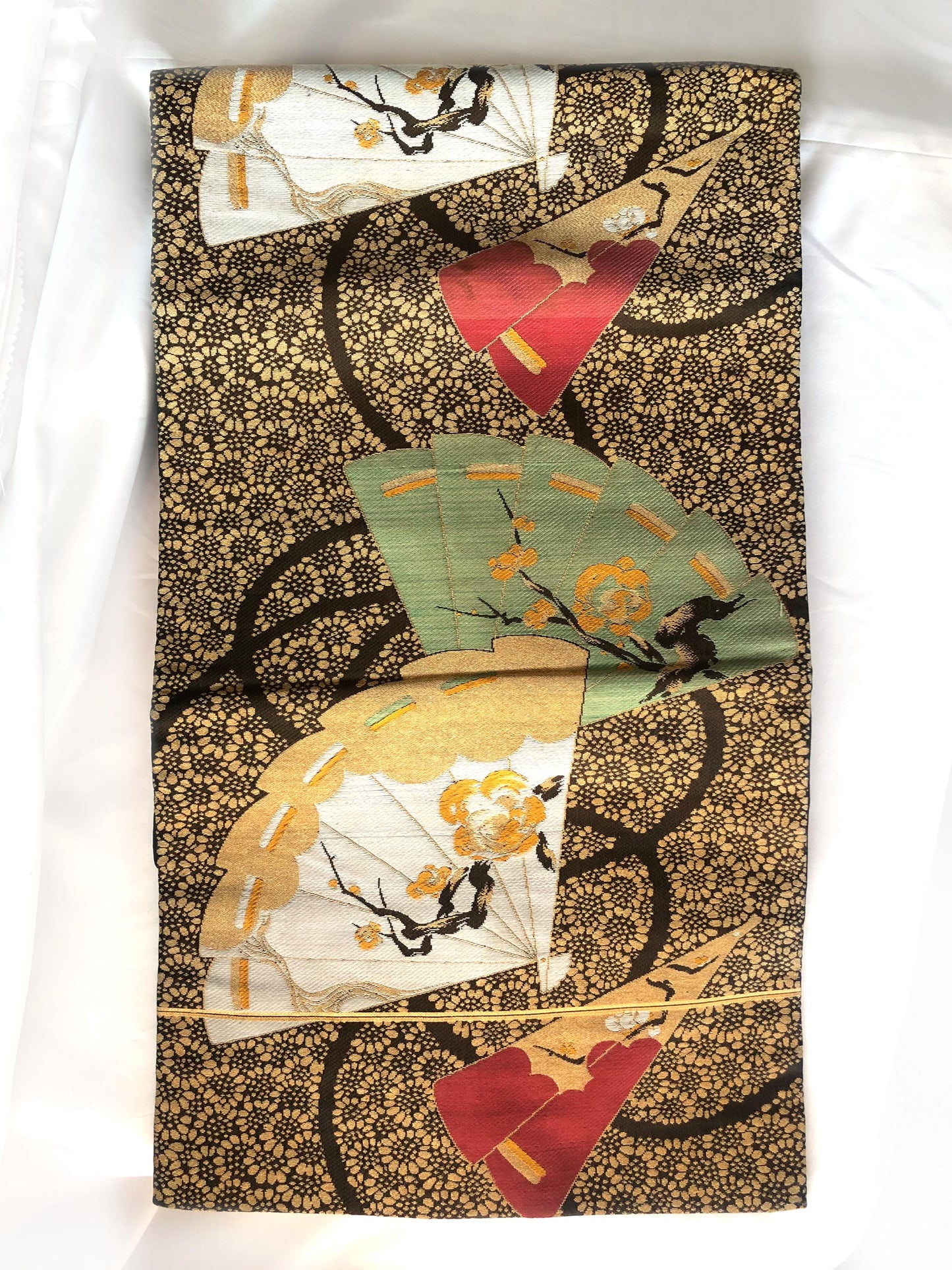 Vintage Nagoya obi - paper fans with floral pattern (B grade)