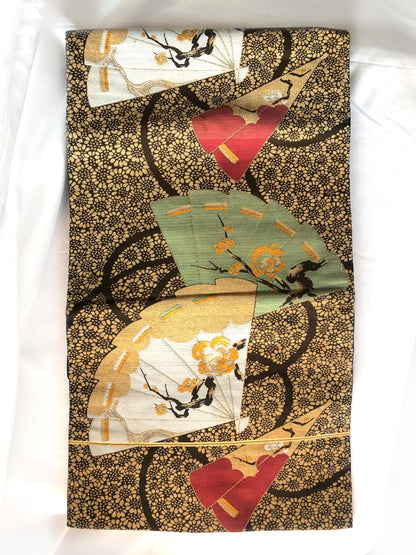 Vintage Nagoya obi - paper fans with floral pattern (B grade)