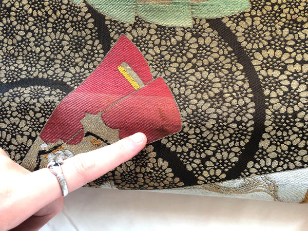 Vintage Nagoya obi - paper fans with floral pattern (B grade)