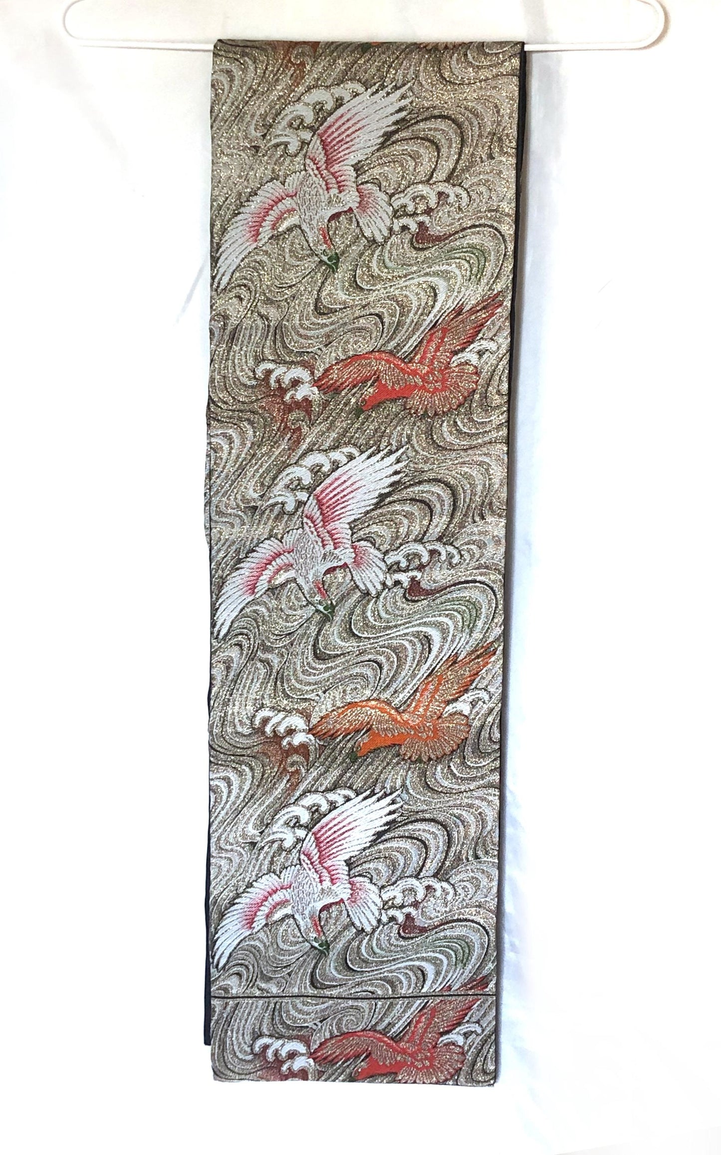Vintage Nagoya obi - golden brocade with eagles over water pattern