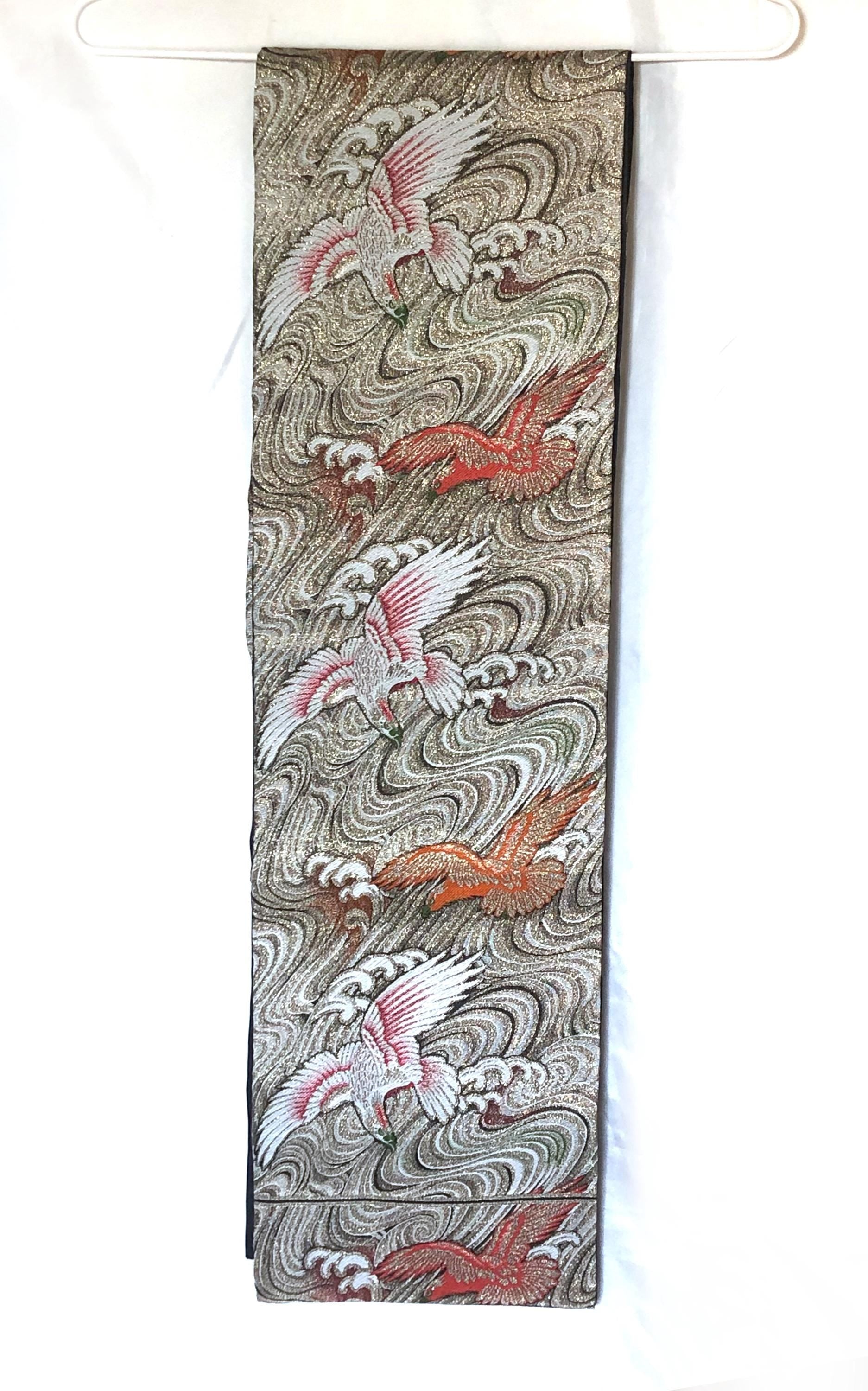 Vintage Nagoya obi - golden brocade with eagles over water pattern