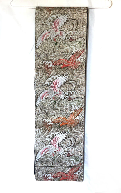 Vintage Nagoya obi - golden brocade with eagles over water pattern