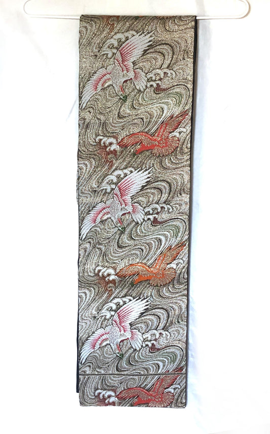 Vintage Nagoya obi - golden brocade with eagles over water pattern