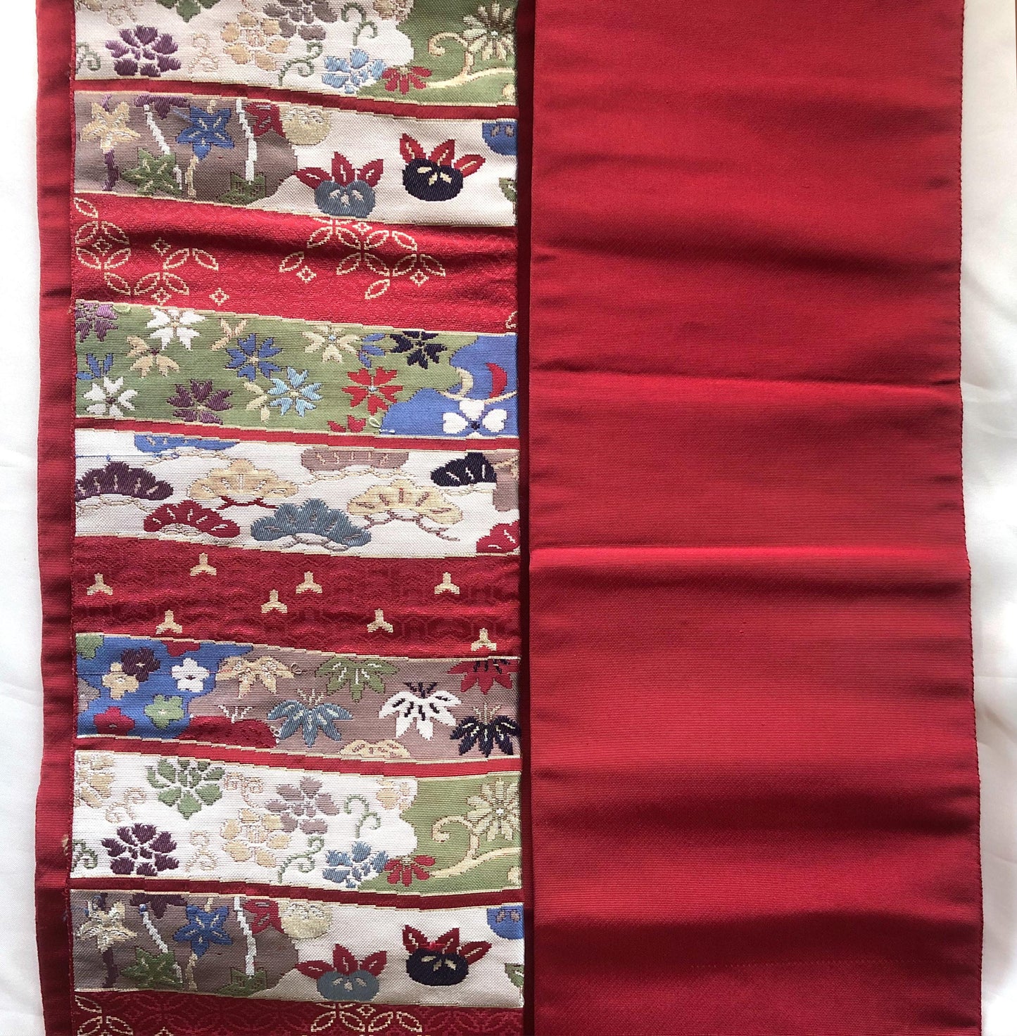 Vintage Nagoya obi - wine red jacquard with various foliage patterns (B grade)