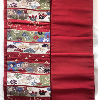 Vintage Nagoya obi - wine red jacquard with various foliage patterns (B grade)