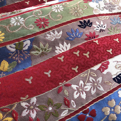 Vintage Nagoya obi - wine red jacquard with various foliage patterns (B grade)