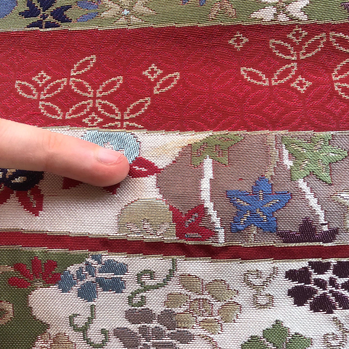 Vintage Nagoya obi - wine red jacquard with various foliage patterns (B grade)